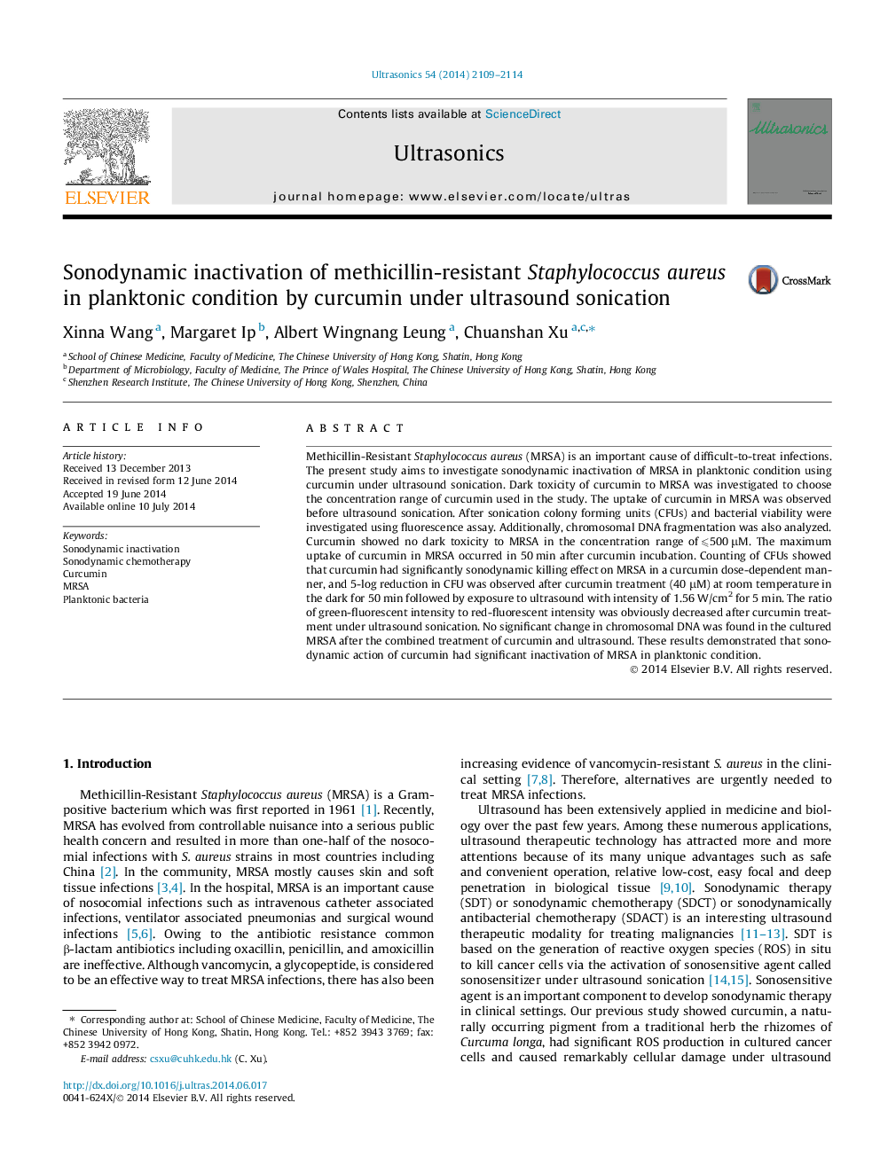 Sonodynamic inactivation of methicillin-resistant Staphylococcus aureus in planktonic condition by curcumin under ultrasound sonication