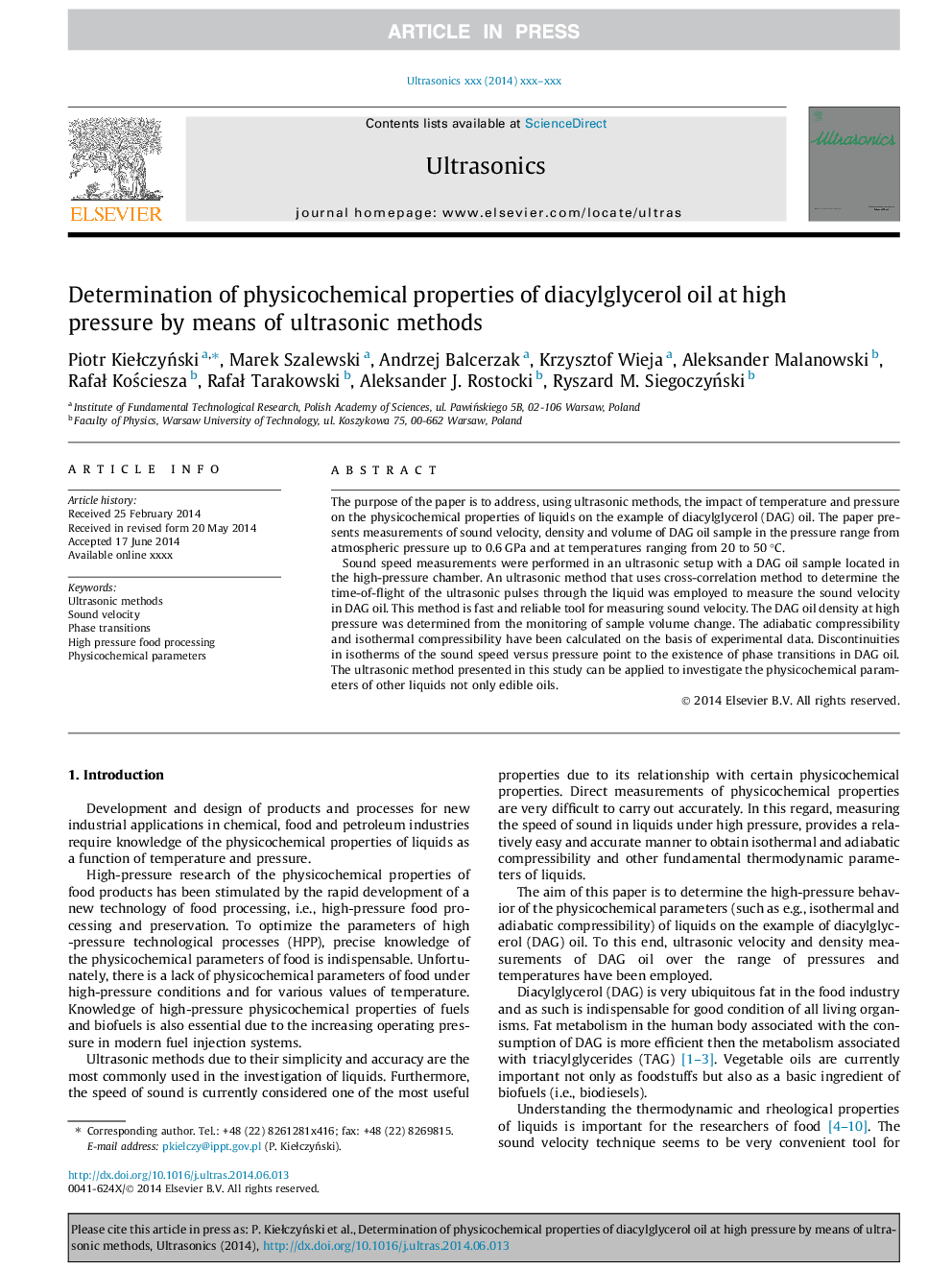 Determination of physicochemical properties of diacylglycerol oil at high pressure by means of ultrasonic methods