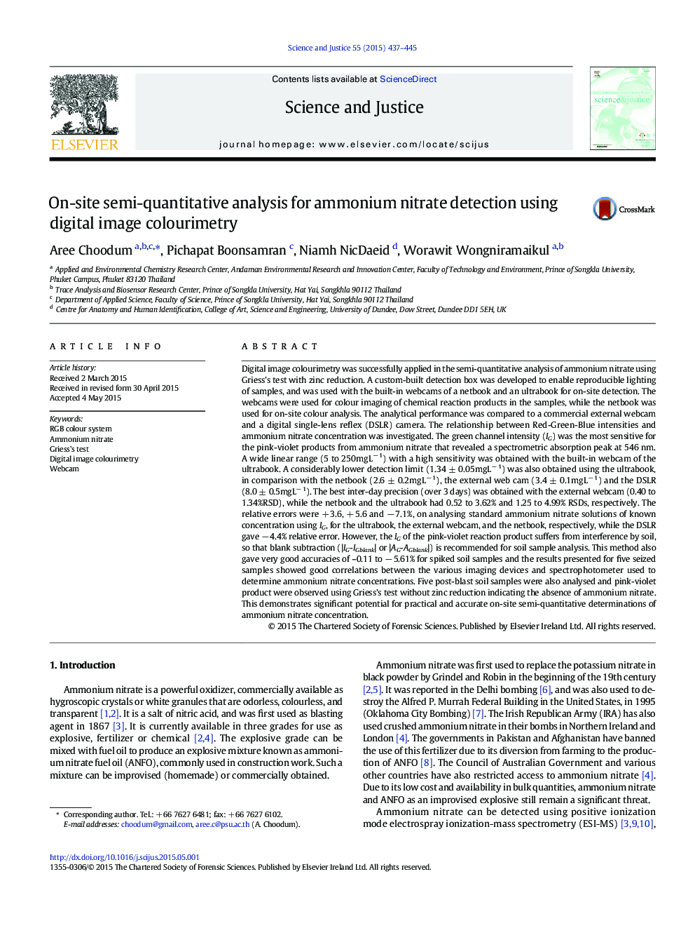 On-site semi-quantitative analysis for ammonium nitrate detection using digital image colourimetry