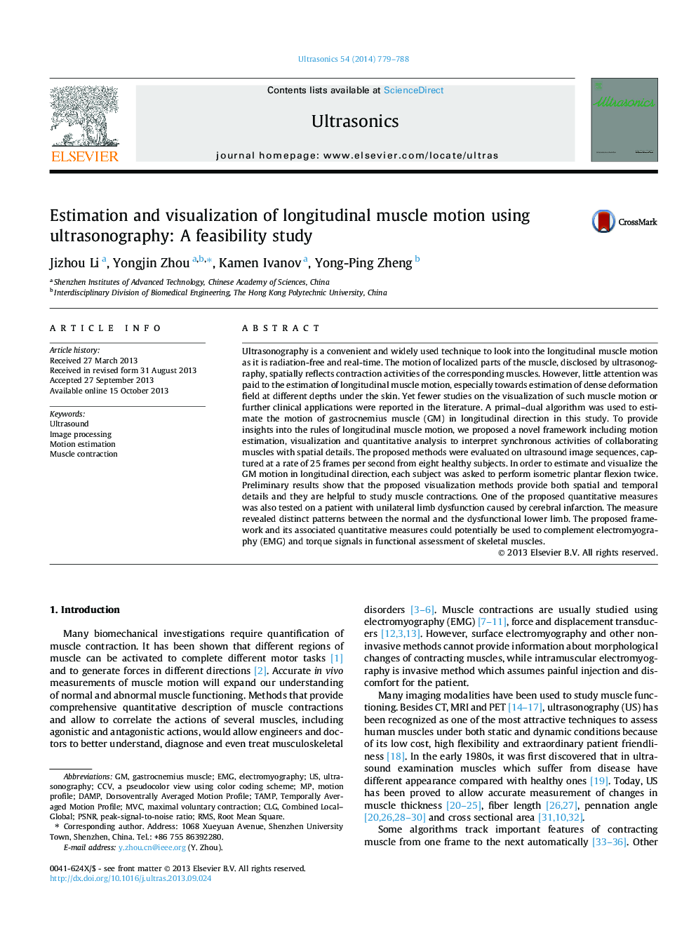 Estimation and visualization of longitudinal muscle motion using ultrasonography: A feasibility study