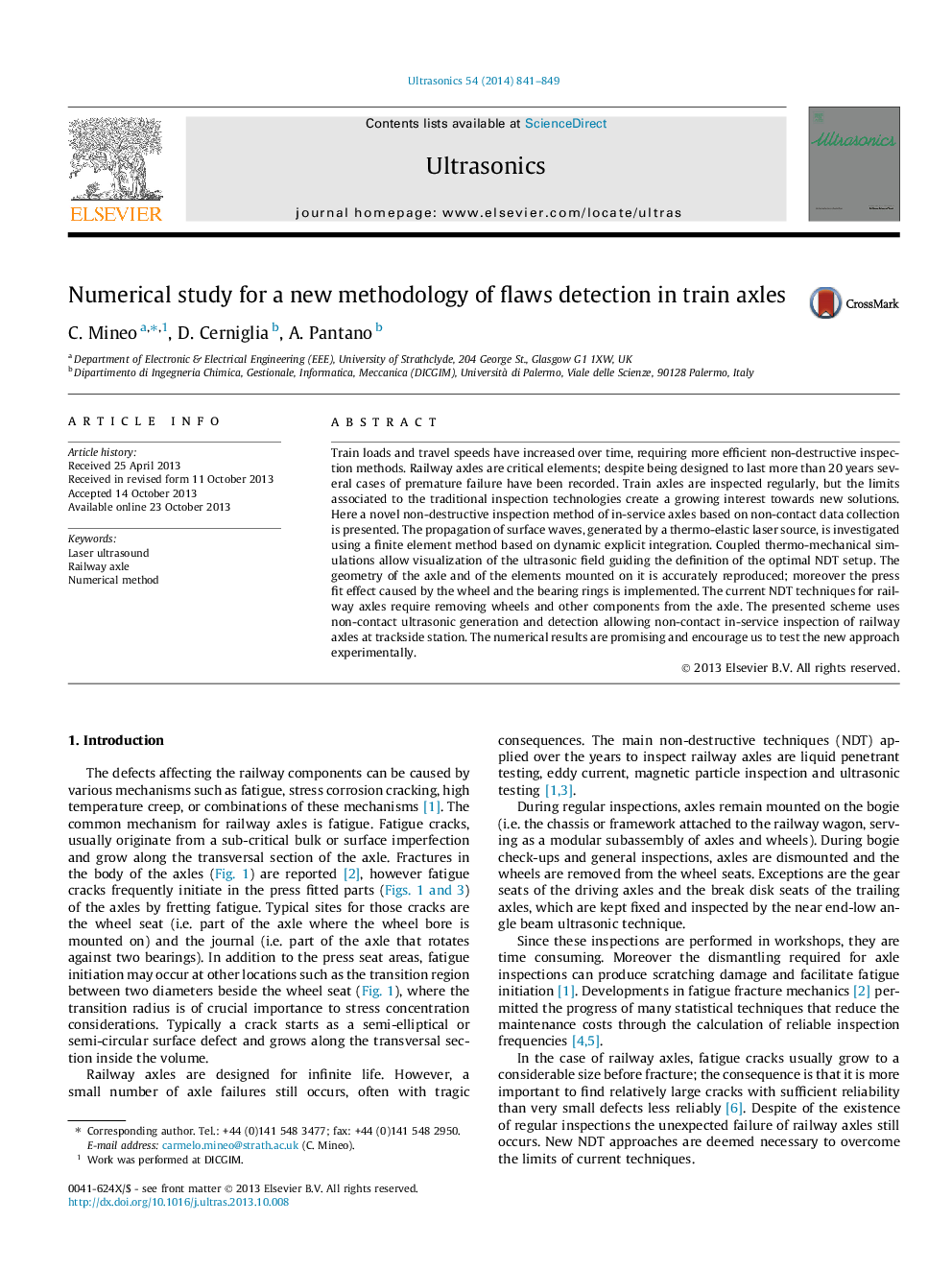 Numerical study for a new methodology of flaws detection in train axles