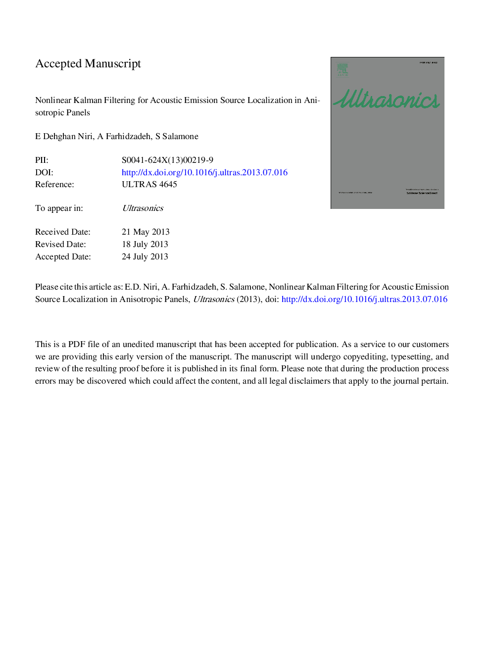 Nonlinear Kalman Filtering for acoustic emission source localization in anisotropic panels