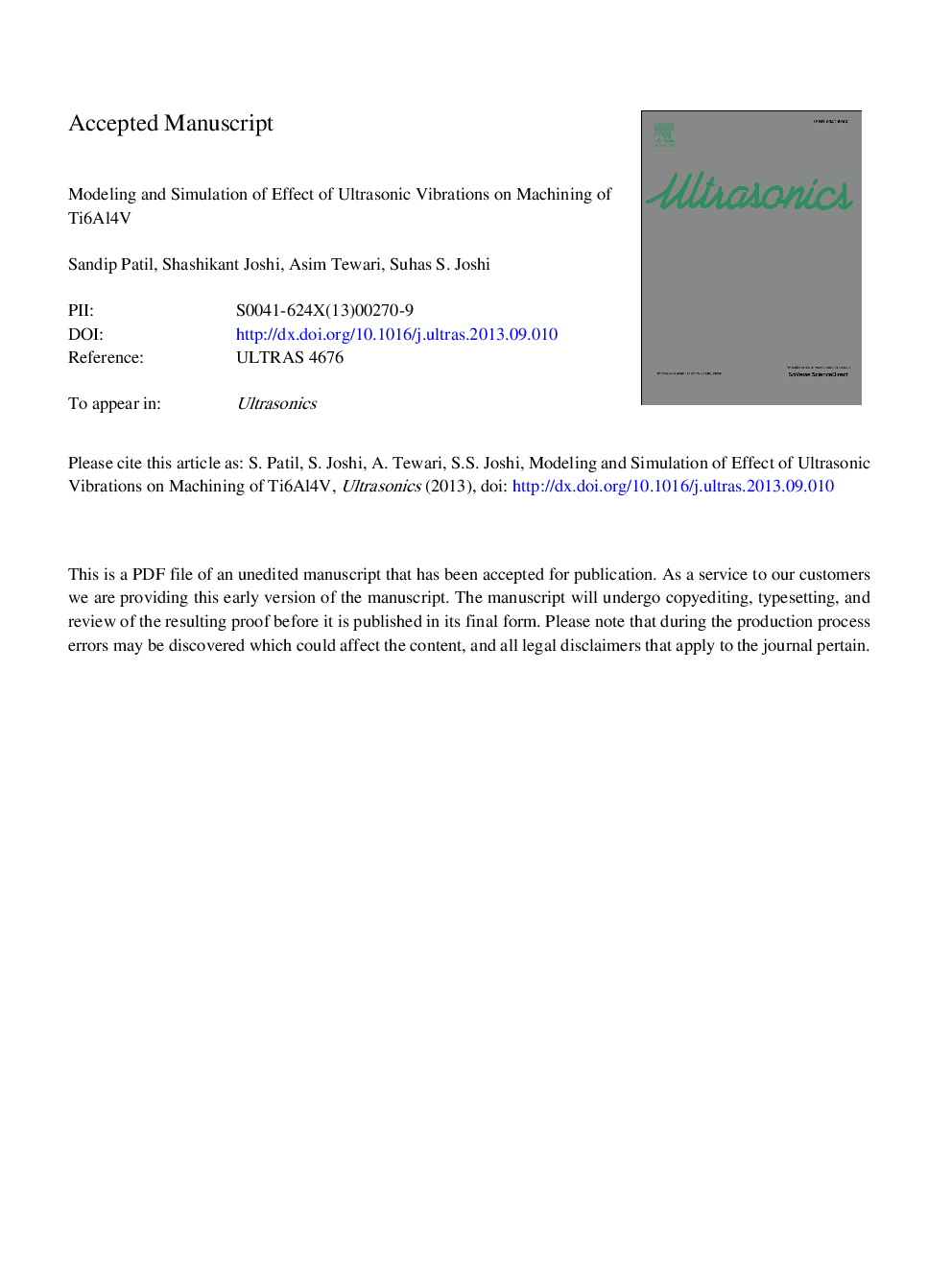 Modelling and simulation of effect of ultrasonic vibrations on machining of Ti6Al4V