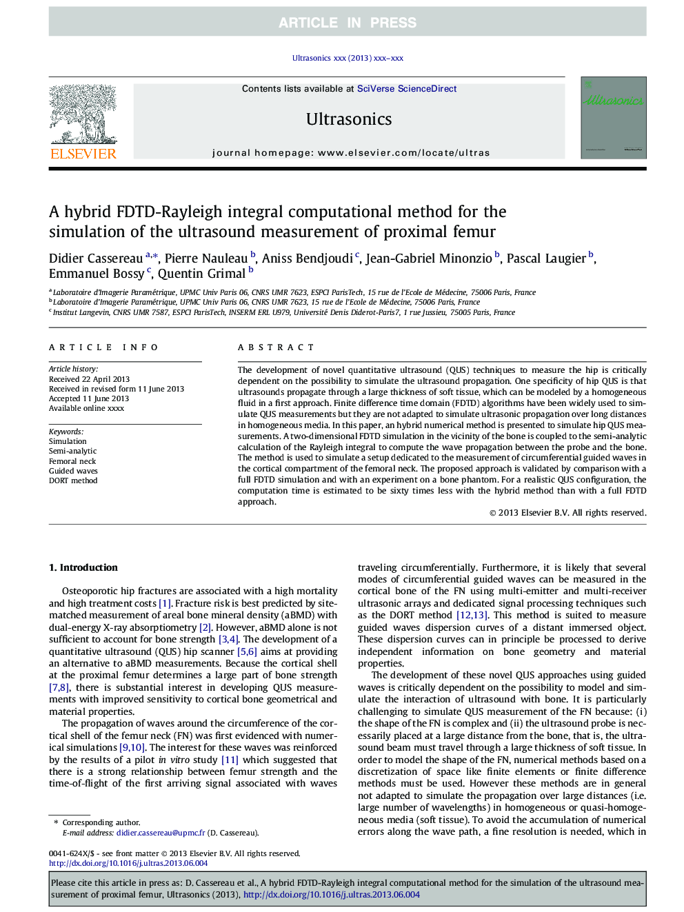 A hybrid FDTD-Rayleigh integral computational method for the simulation of the ultrasound measurement of proximal femur