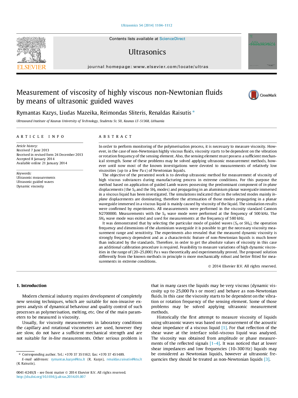 Measurement of viscosity of highly viscous non-Newtonian fluids by means of ultrasonic guided waves