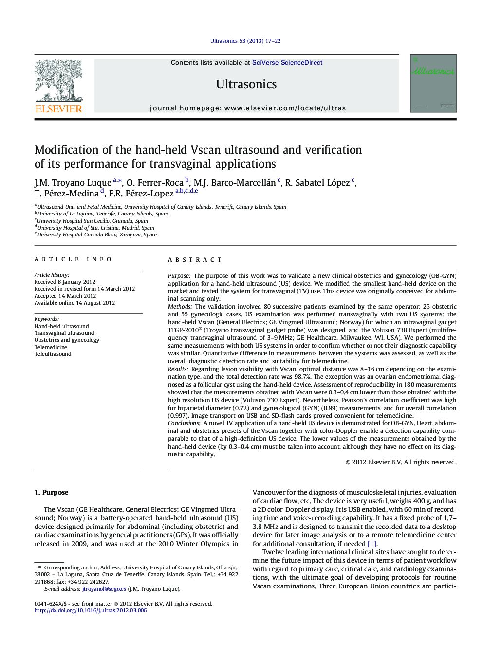 Modification of the hand-held Vscan ultrasound and verification of its performance for transvaginal applications