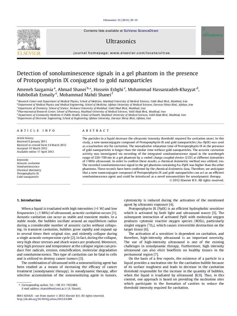 Detection of sonoluminescence signals in a gel phantom in the presence of Protoporphyrin IX conjugated to gold nanoparticles