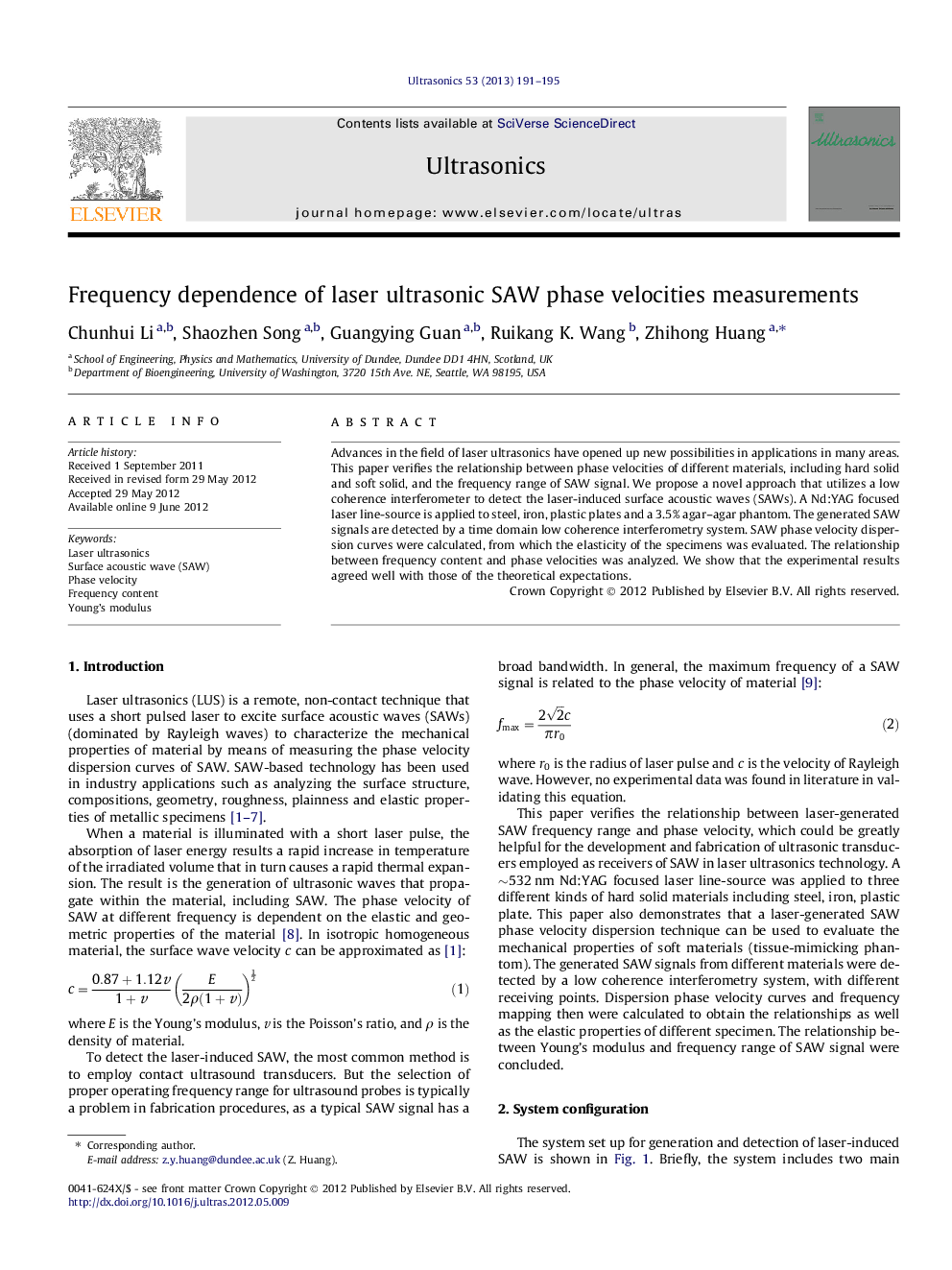 Frequency dependence of laser ultrasonic SAW phase velocities measurements