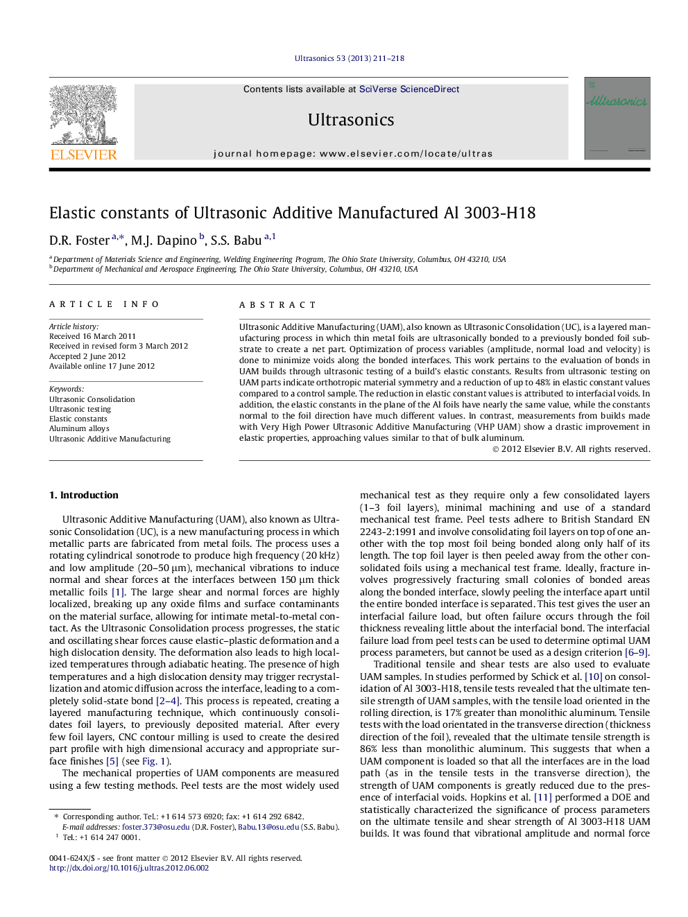 Elastic constants of Ultrasonic Additive Manufactured Al 3003-H18