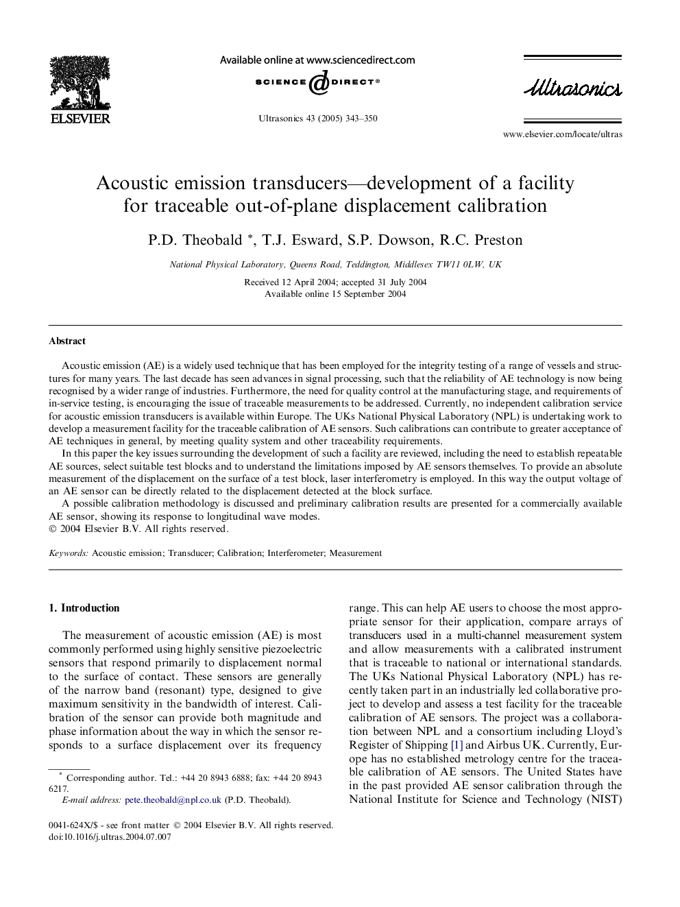 Acoustic emission transducers-development of a facility for traceable out-of-plane displacement calibration