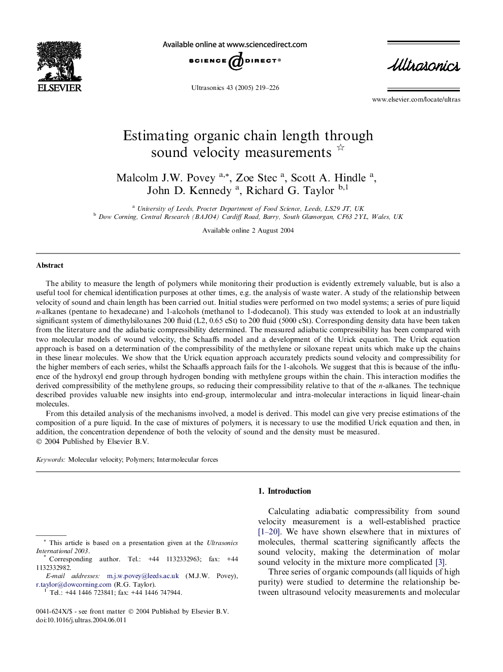 Estimating organic chain length through sound velocity measurements