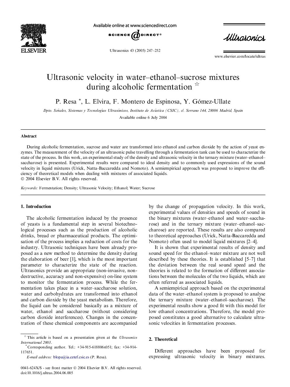 Ultrasonic velocity in water-ethanol-sucrose mixtures during alcoholic fermentation