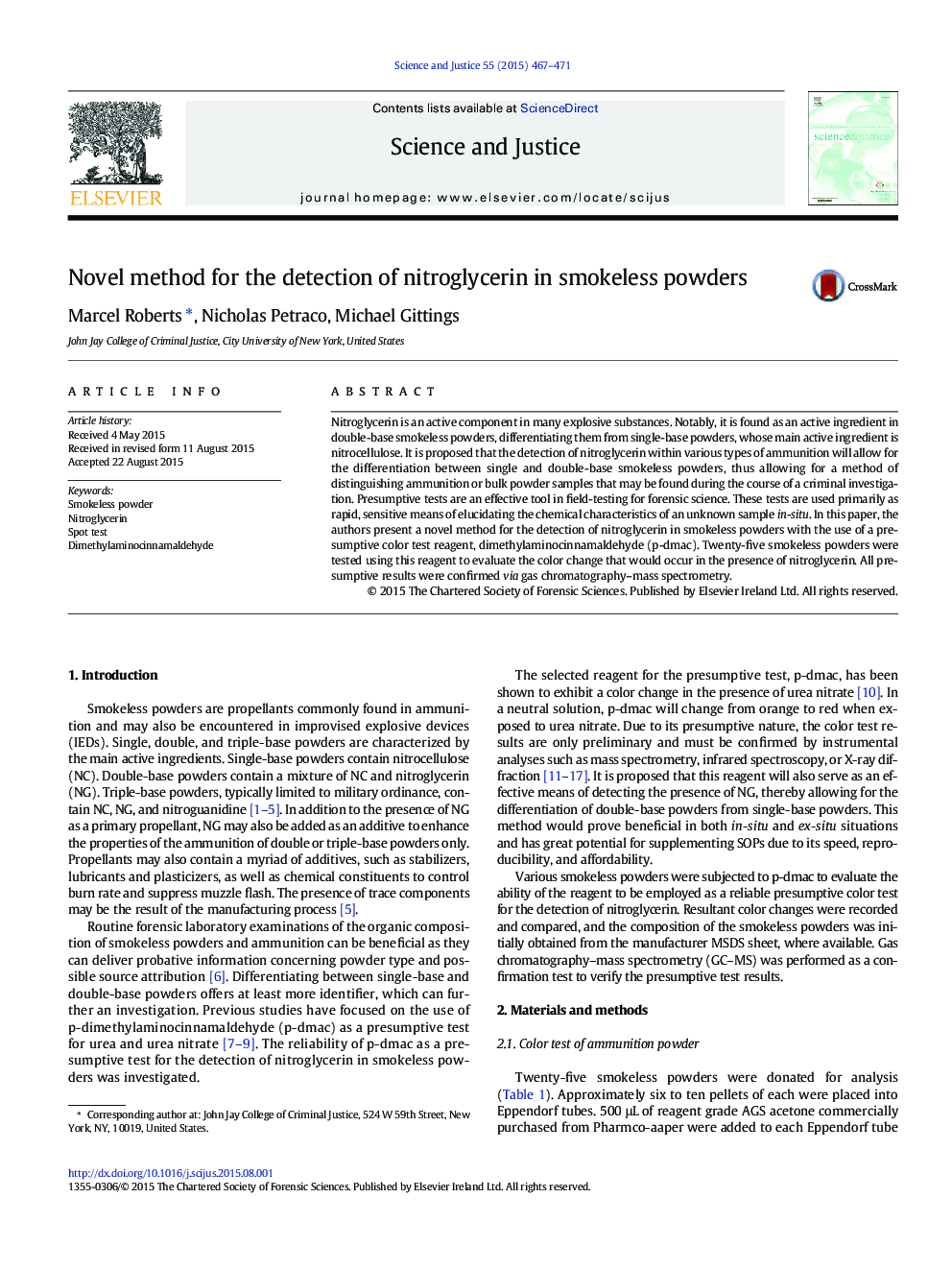 Novel method for the detection of nitroglycerin in smokeless powders