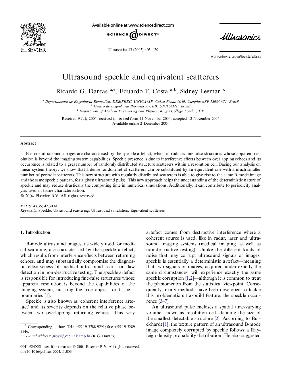 Ultrasound speckle and equivalent scatterers