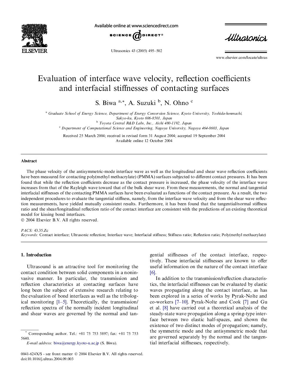 Evaluation of interface wave velocity, reflection coefficients and interfacial stiffnesses of contacting surfaces