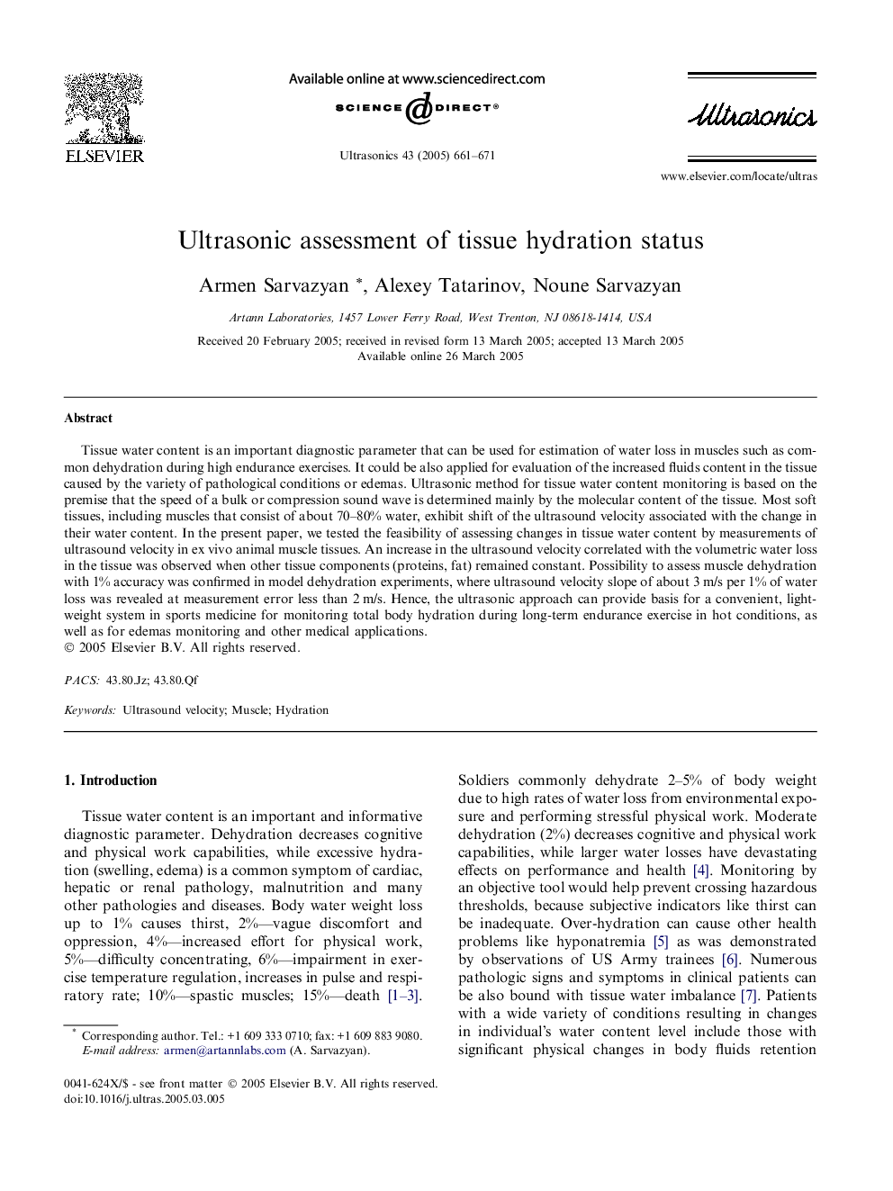 Ultrasonic assessment of tissue hydration status