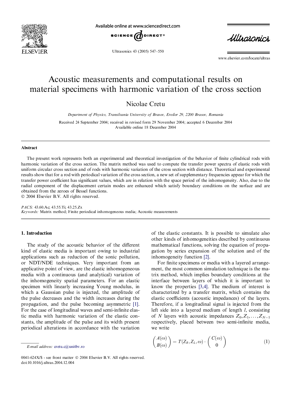 Acoustic measurements and computational results on material specimens with harmonic variation of the cross section