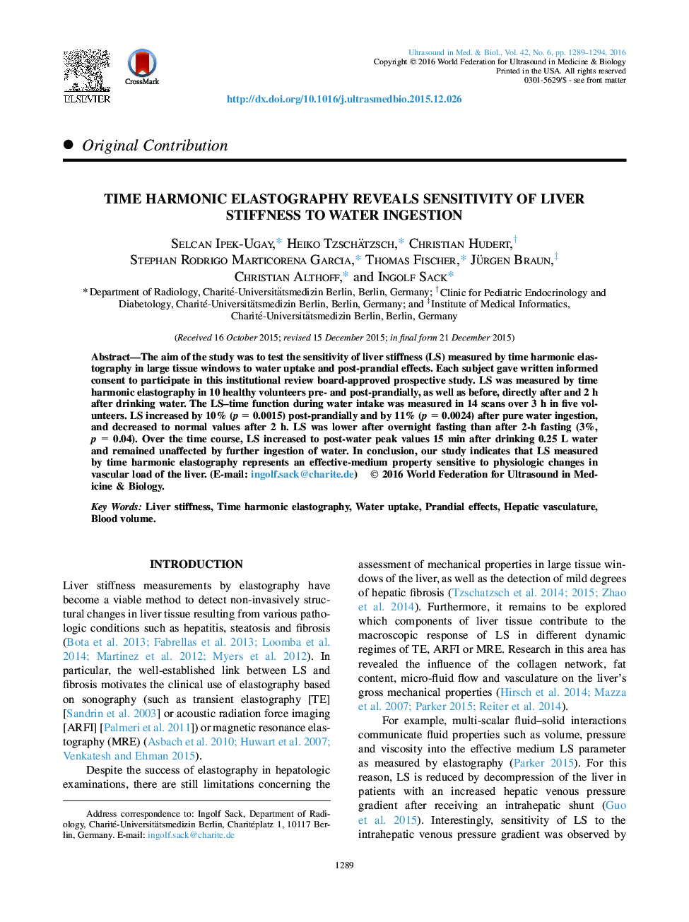 Time Harmonic Elastography Reveals Sensitivity of Liver Stiffness to Water Ingestion