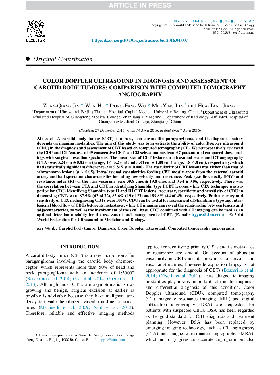 Color Doppler Ultrasound in Diagnosis and Assessment of Carotid Body Tumors: Comparison with Computed Tomography Angiography