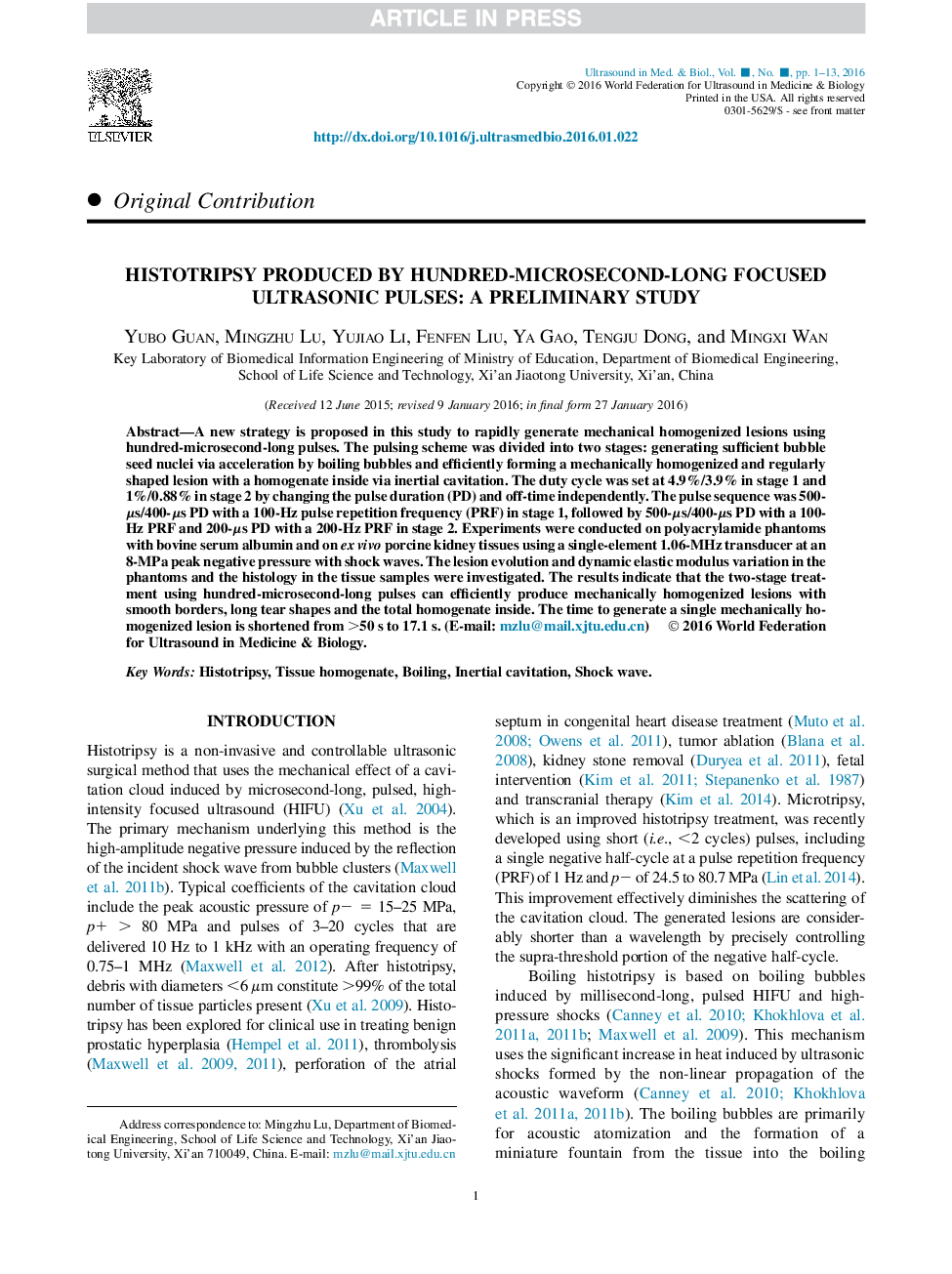 Histotripsy Produced by Hundred-Microsecond-Long Focused Ultrasonic Pulses: A Preliminary Study