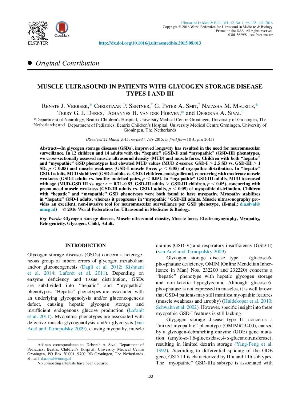 Muscle Ultrasound in Patients with Glycogen Storage Disease Types I and III