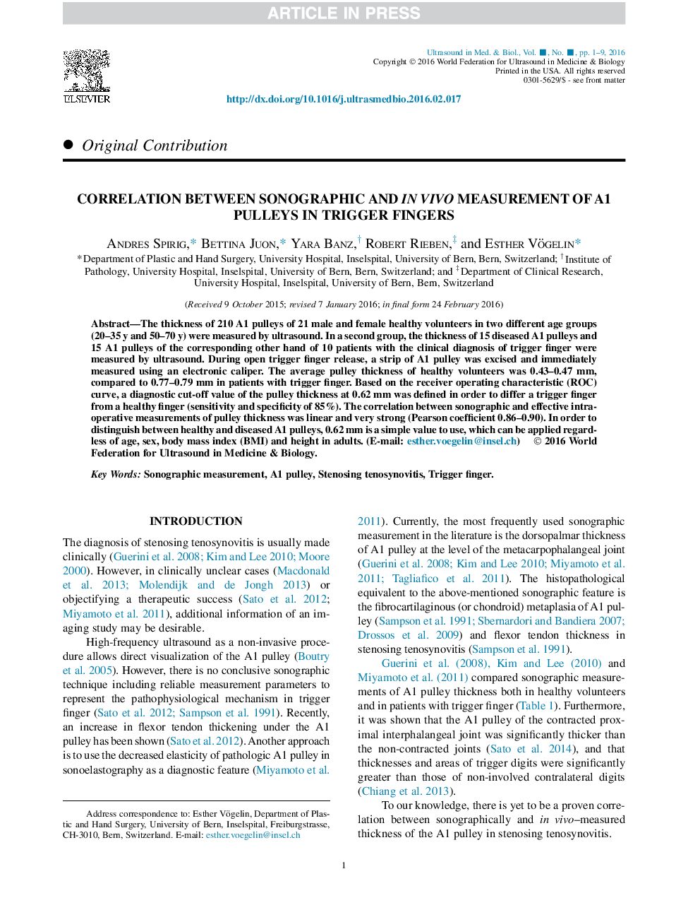 Correlation Between Sonographic and InÂ Vivo Measurement of A1 Pulleys in Trigger Fingers