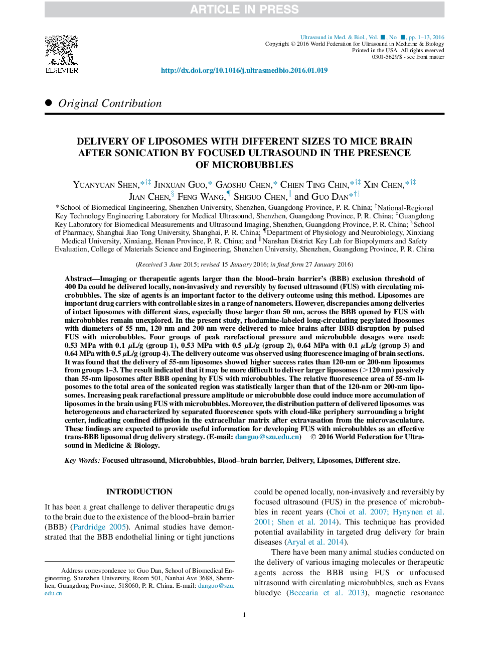 Delivery of Liposomes with Different Sizes to Mice Brain afterÂ Sonication by Focused Ultrasound in the Presence ofÂ Microbubbles