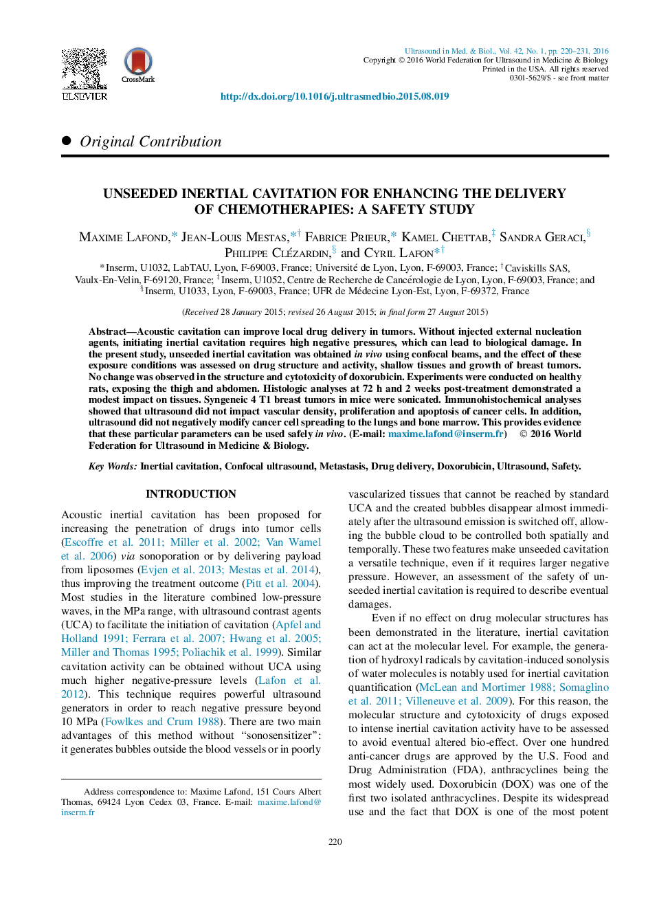 Unseeded Inertial Cavitation for Enhancing the Delivery ofÂ Chemotherapies: A Safety Study