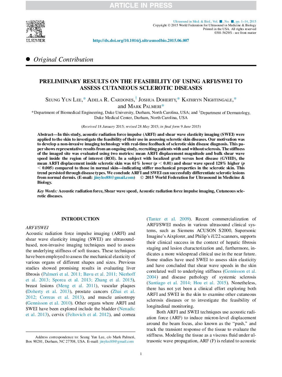 Preliminary Results on the Feasibility of Using ARFI/SWEI to Assess Cutaneous Sclerotic Diseases