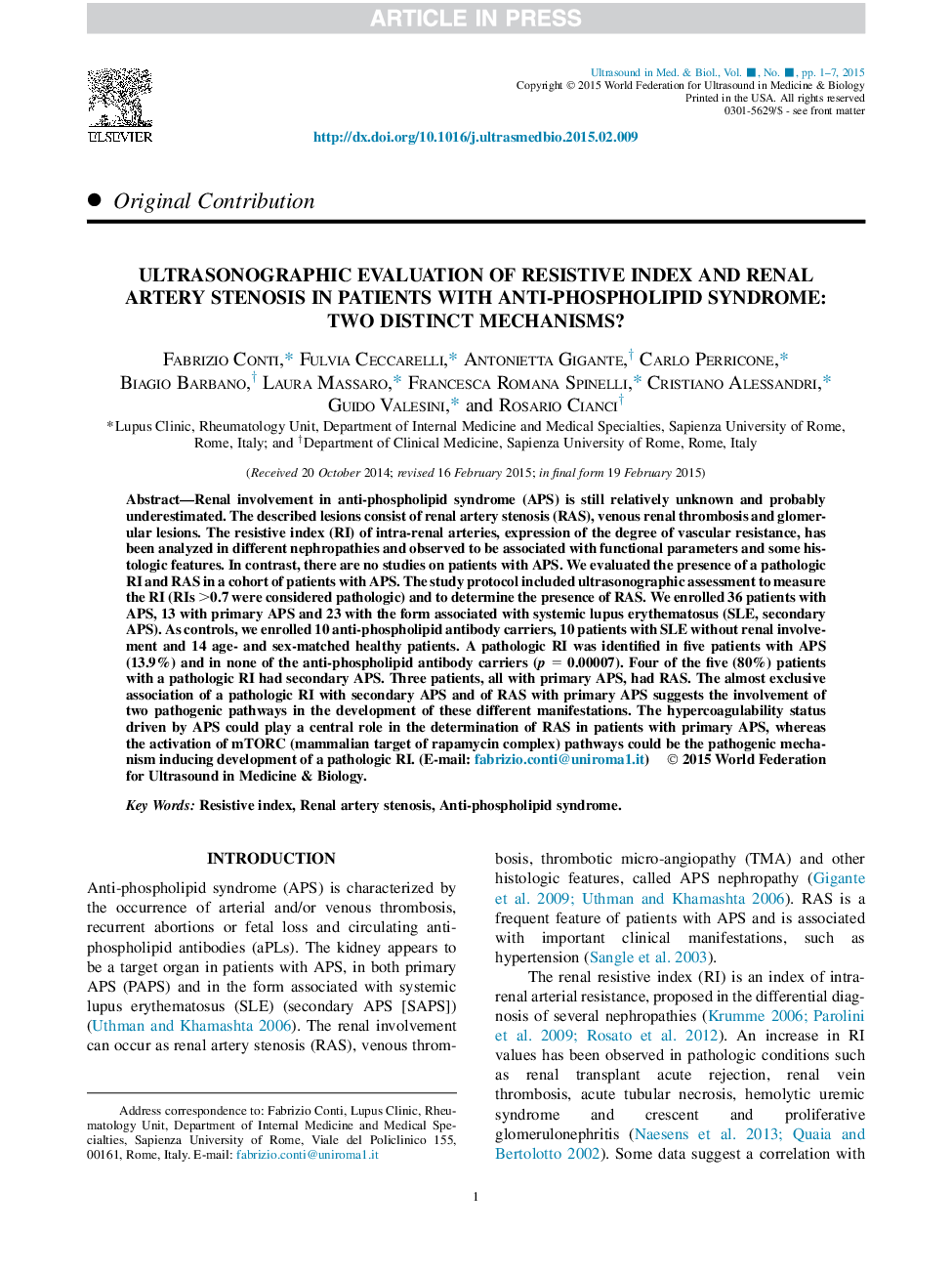 ارزیابی سونوگرافی از شاخص مقاومت و استنوز عروق کرونر در بیماران مبتلا به سندرم ضد فسفولیپید: دو مکانیزم متفاوت 