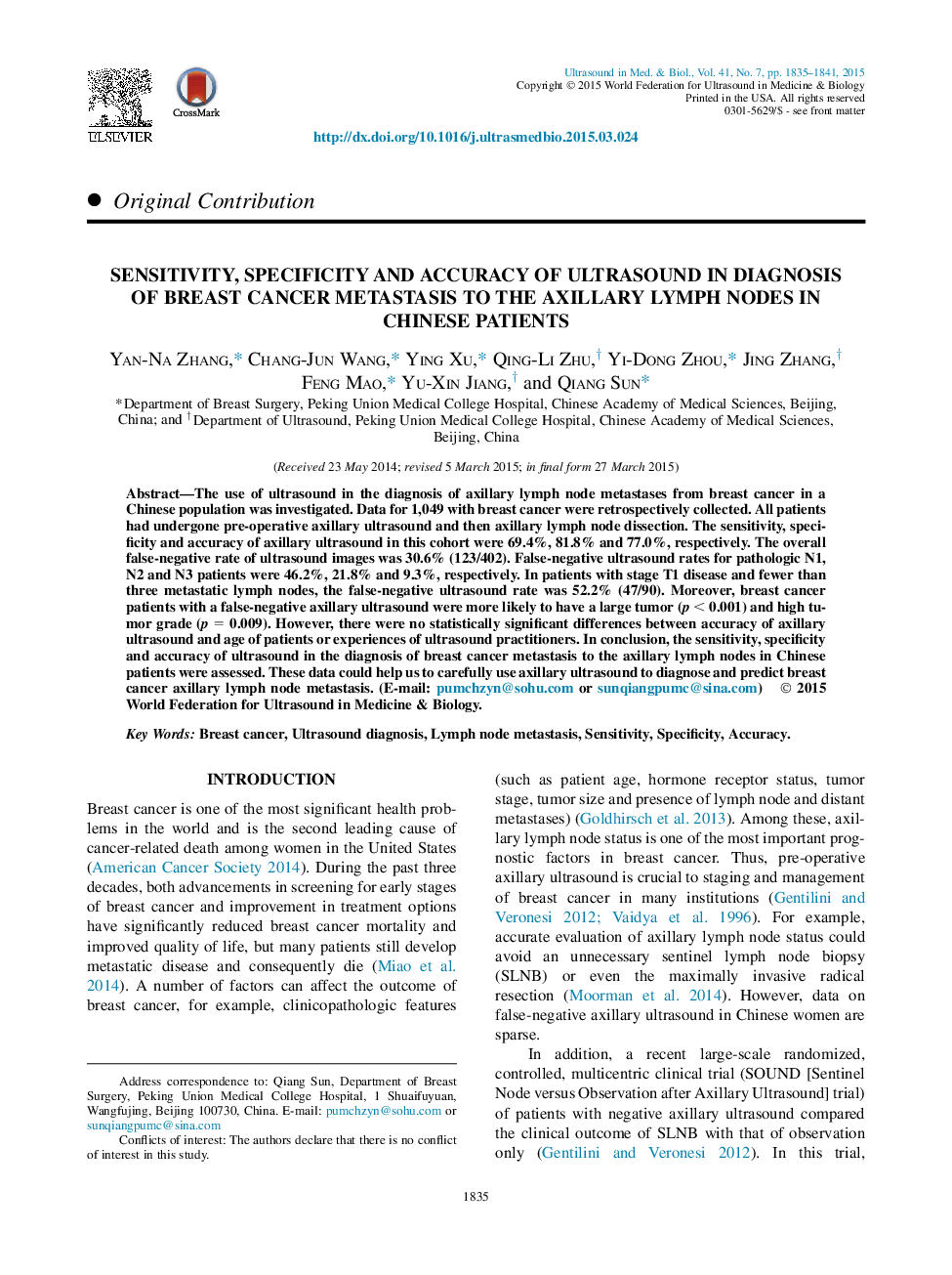 Sensitivity, Specificity and Accuracy of Ultrasound in Diagnosis of Breast Cancer Metastasis to the Axillary Lymph Nodes in Chinese Patients