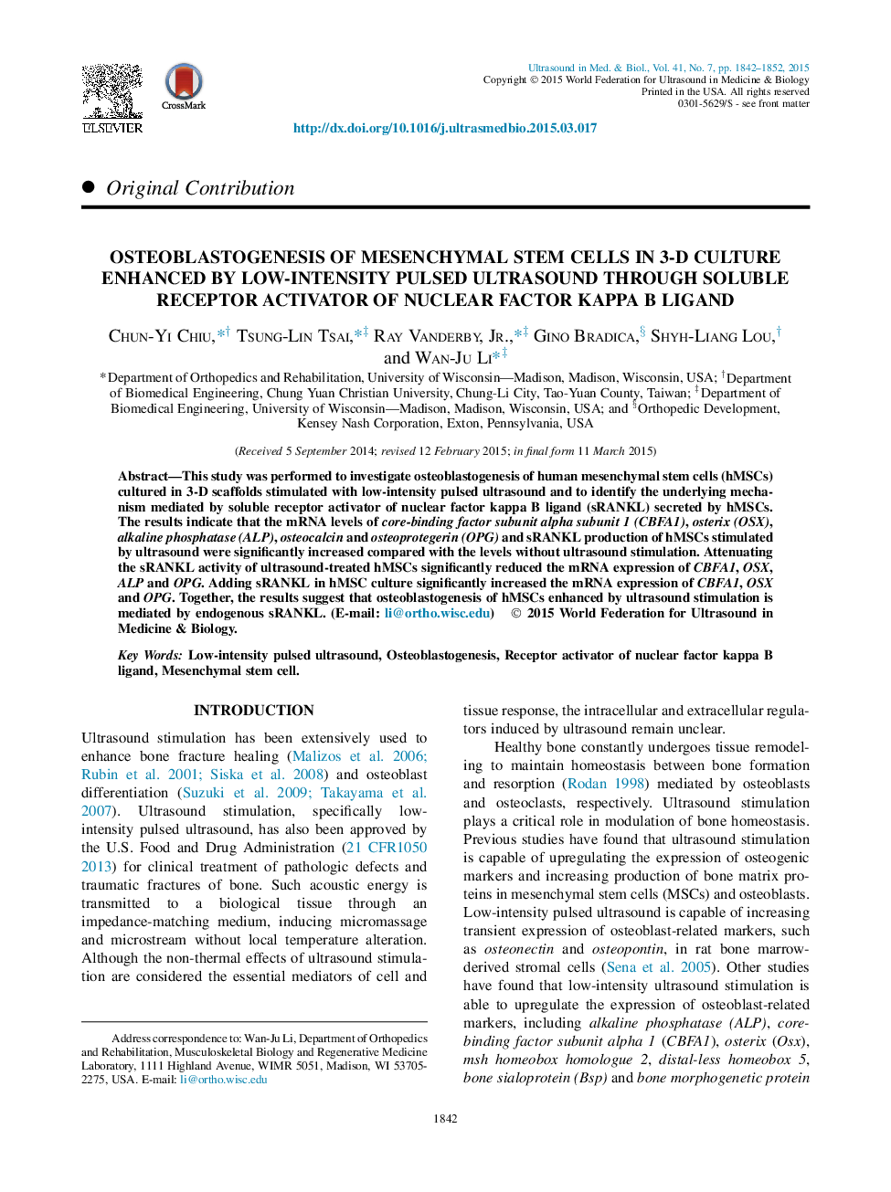 Osteoblastogenesis of Mesenchymal Stem Cells in 3-D Culture Enhanced by Low-Intensity Pulsed Ultrasound through Soluble Receptor Activator of Nuclear Factor Kappa B Ligand