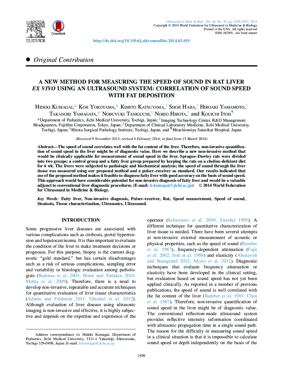 A New Method for Measuring the Speed of Sound in Rat Liver exÂ Vivo Using an Ultrasound System: Correlation of Sound Speed with Fat Deposition