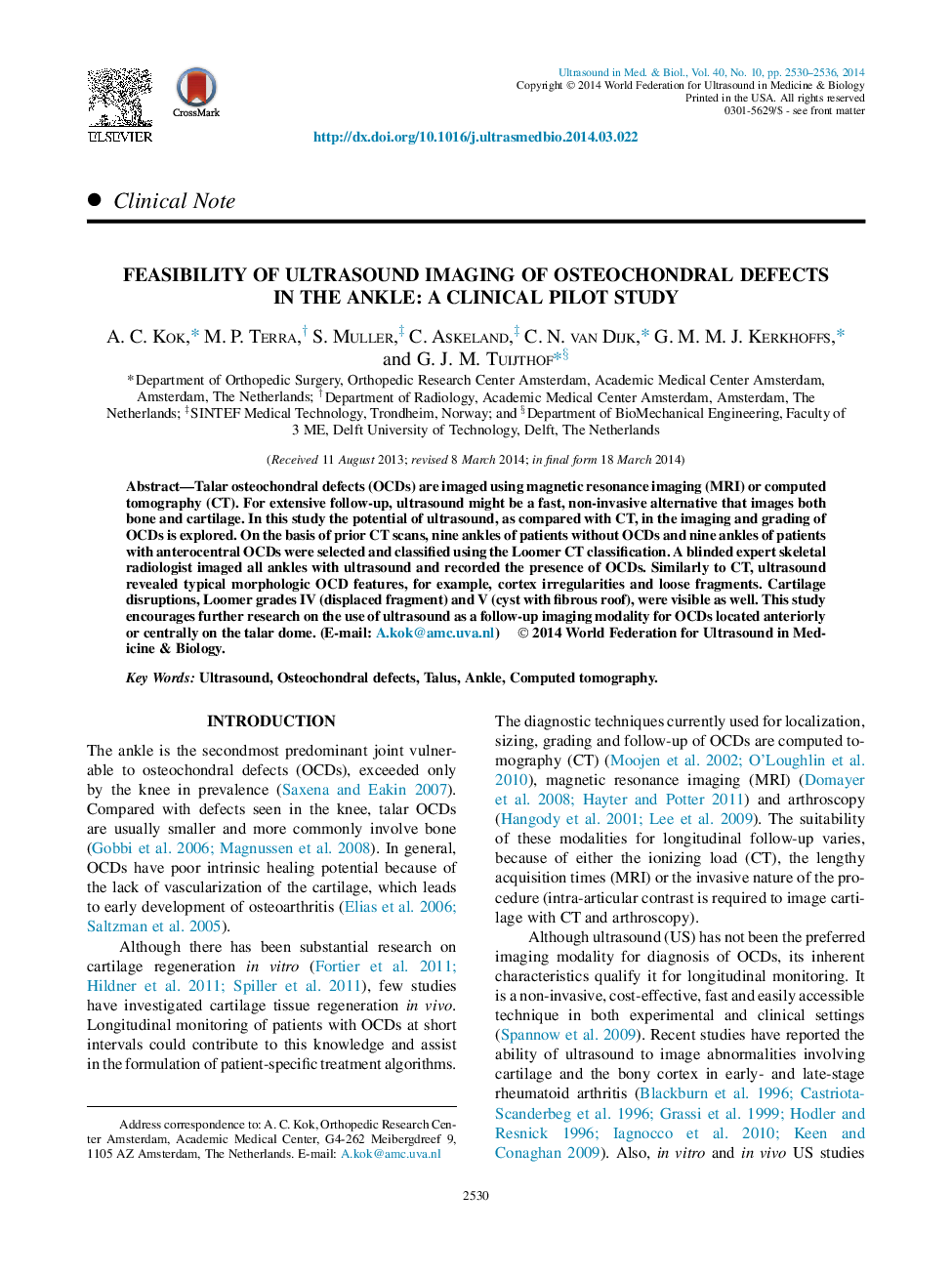 Feasibility of Ultrasound Imaging of Osteochondral Defects inÂ the Ankle: A Clinical Pilot Study