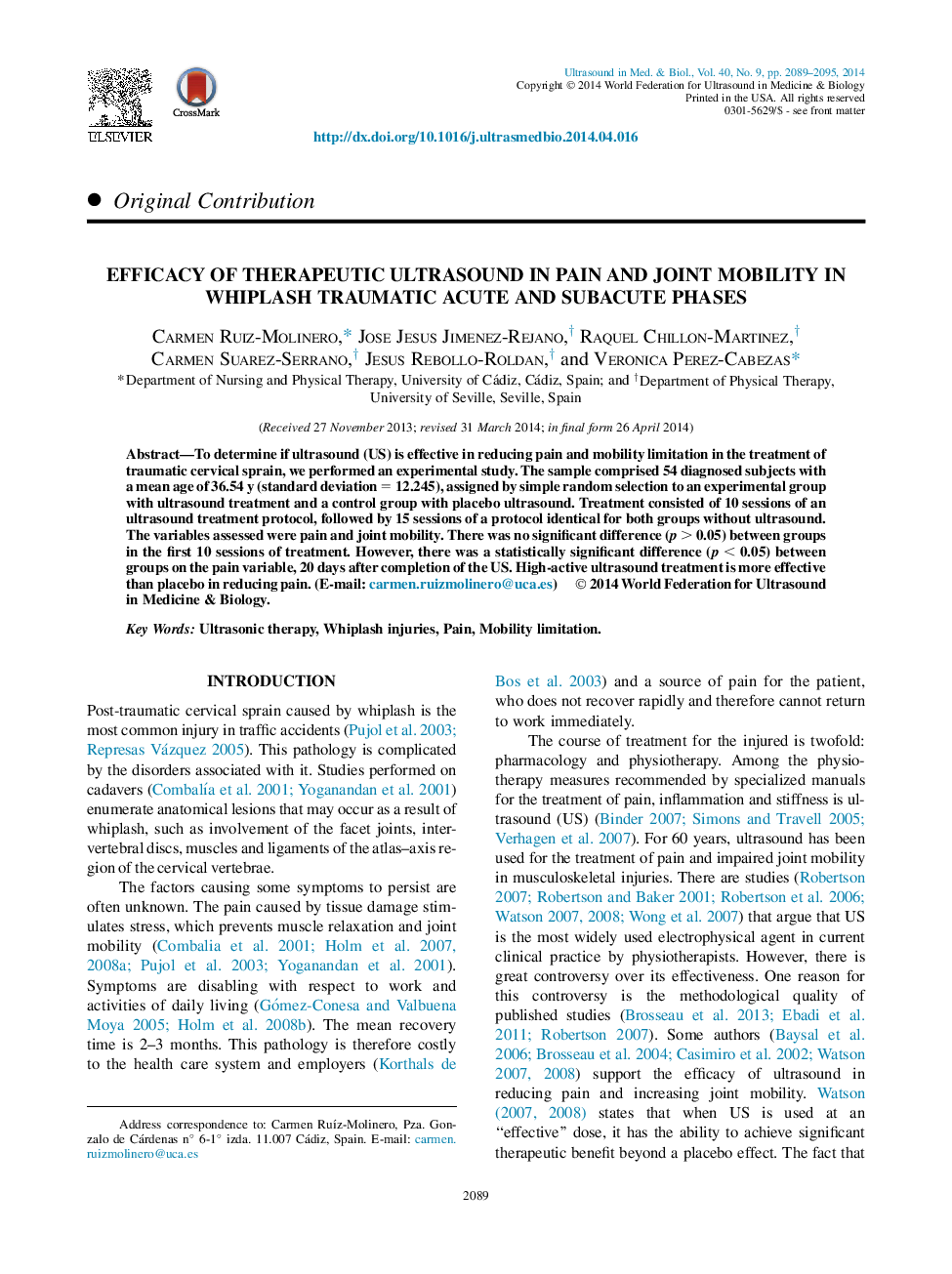 Efficacy of Therapeutic Ultrasound in Pain and Joint Mobility in Whiplash Traumatic Acute and Subacute Phases