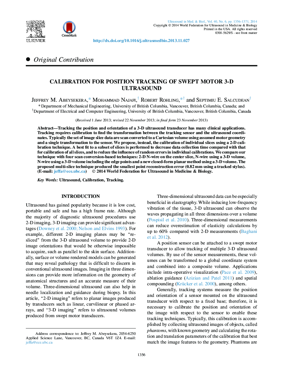 Calibration for Position Tracking of Swept Motor 3-D Ultrasound