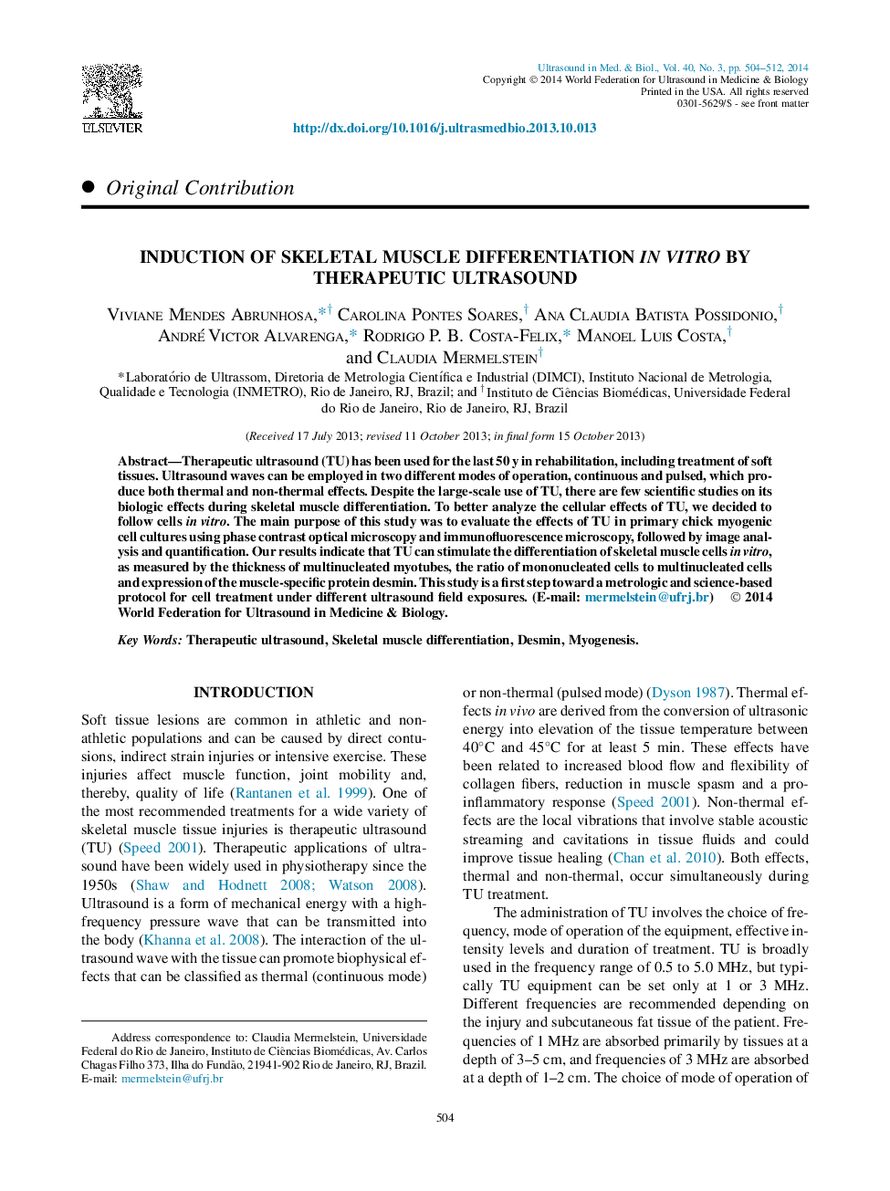 Induction of Skeletal Muscle Differentiation InÂ Vitro by Therapeutic Ultrasound