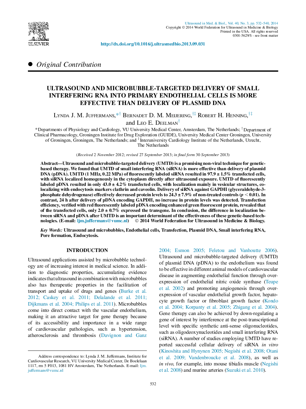 Ultrasound and Microbubble-Targeted Delivery of Small Interfering RNA Into Primary Endothelial Cells Is More Effective Than Delivery of Plasmid DNA