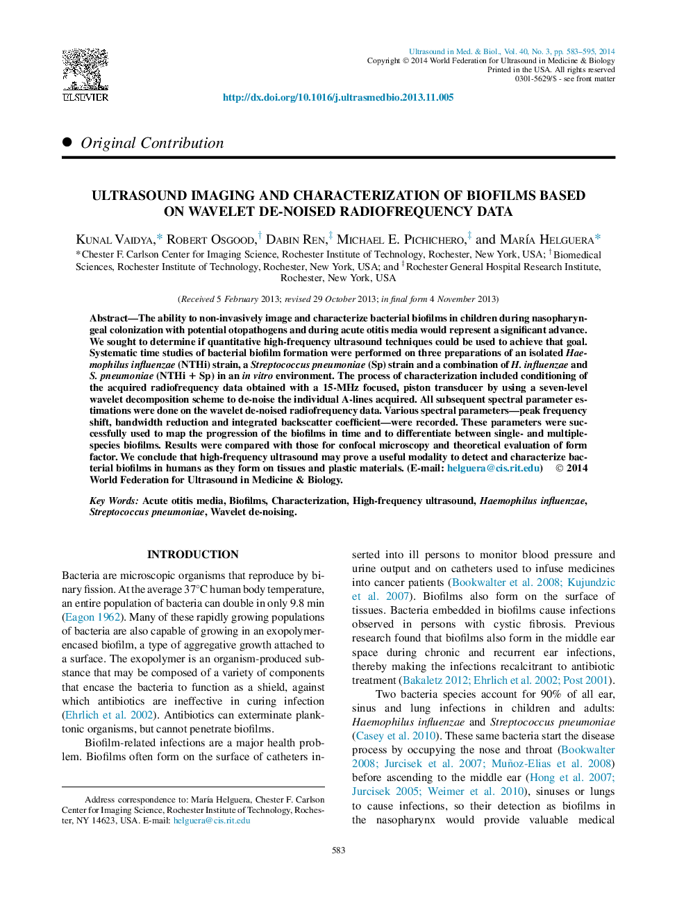 Ultrasound Imaging and Characterization of Biofilms Based onÂ Wavelet De-noised Radiofrequency Data