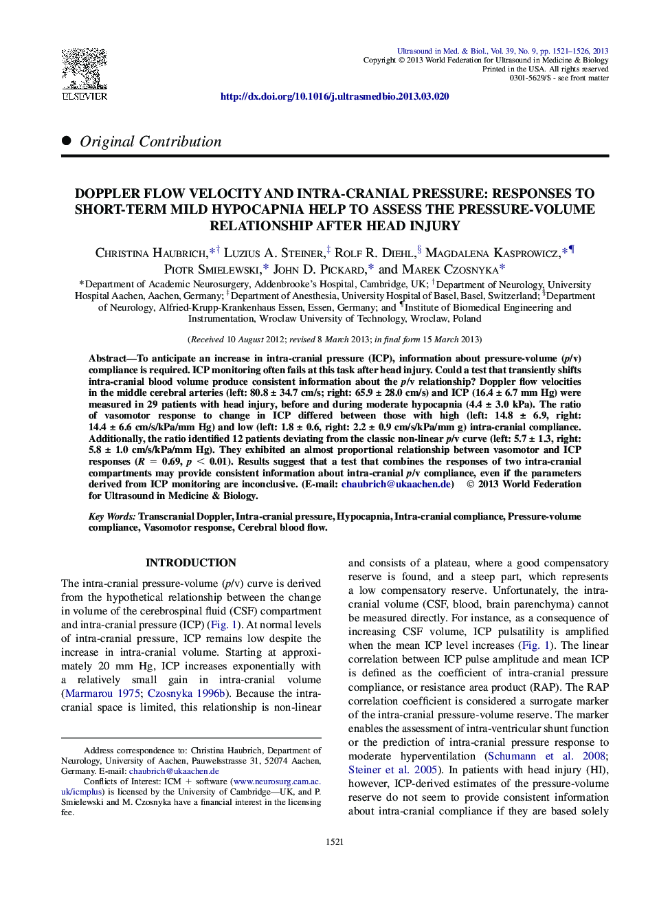 Doppler Flow Velocity and Intra-cranial Pressure: Responses to Short-Term Mild Hypocapnia Help to Assess the Pressure-Volume Relationship After Head Injury