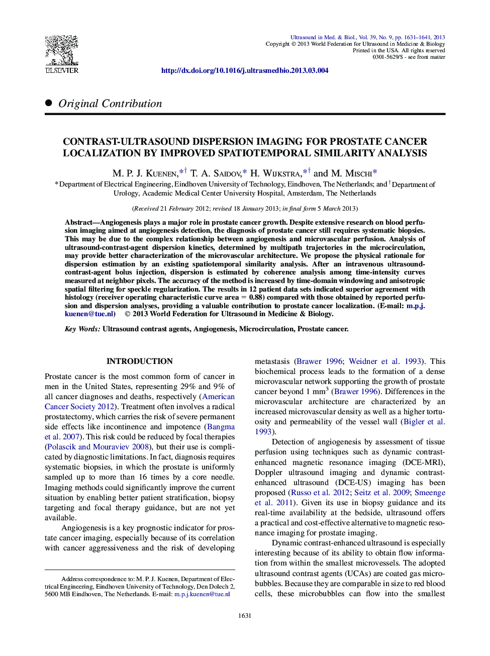 Contrast-Ultrasound Dispersion Imaging for Prostate Cancer Localization by Improved Spatiotemporal Similarity Analysis