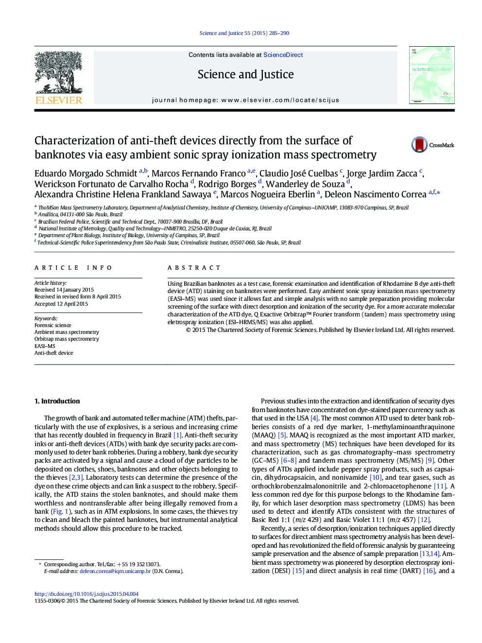 Characterization of anti-theft devices directly from the surface of banknotes via easy ambient sonic spray ionization mass spectrometry