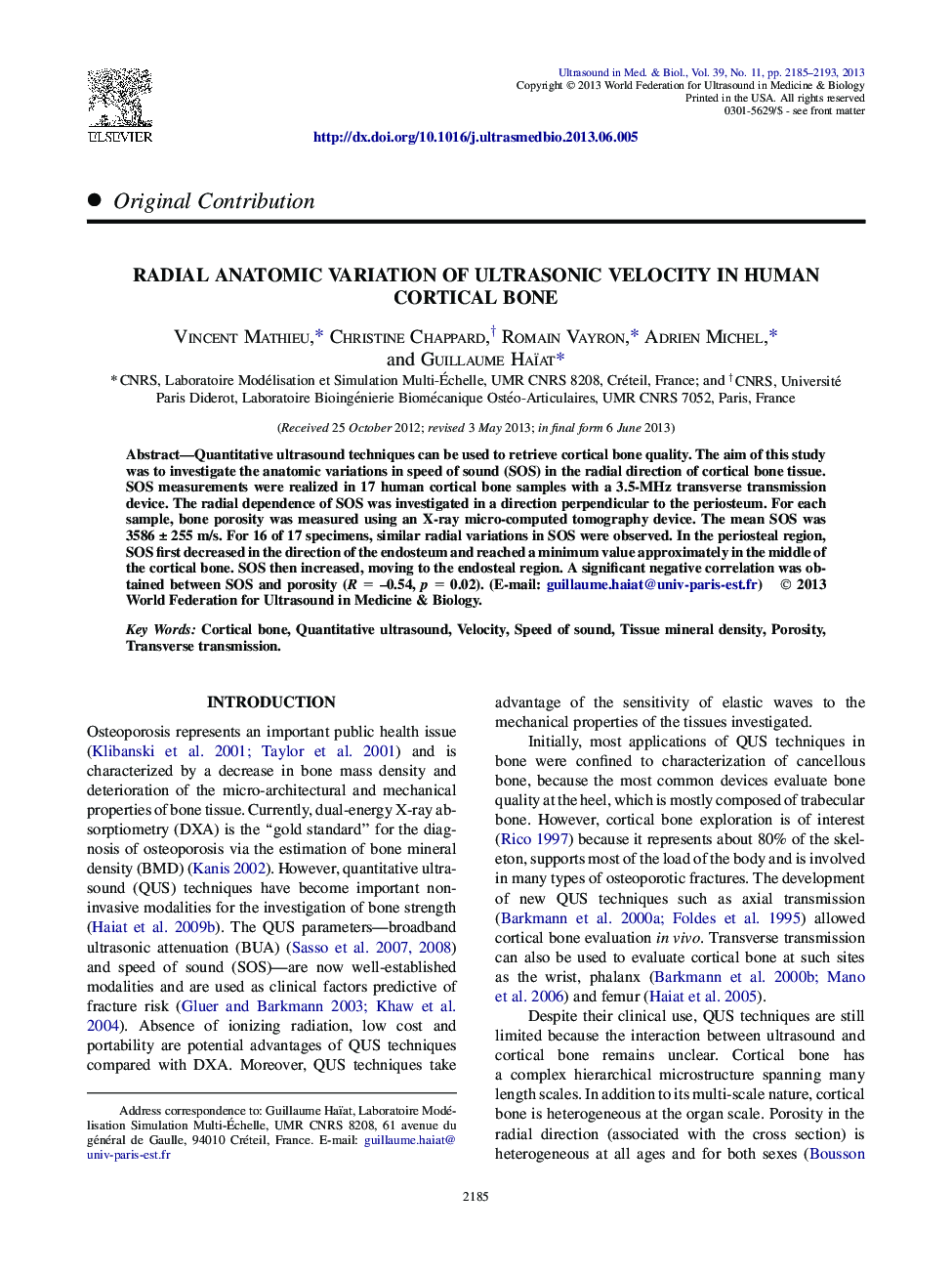 Radial Anatomic Variation of Ultrasonic Velocity in Human Cortical Bone