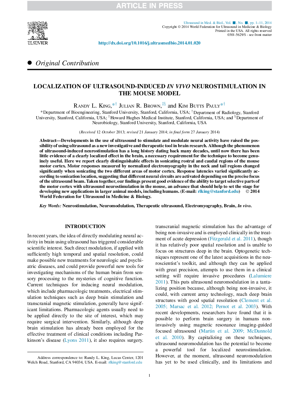 Localization of Ultrasound-Induced InÂ Vivo Neurostimulation in the Mouse Model