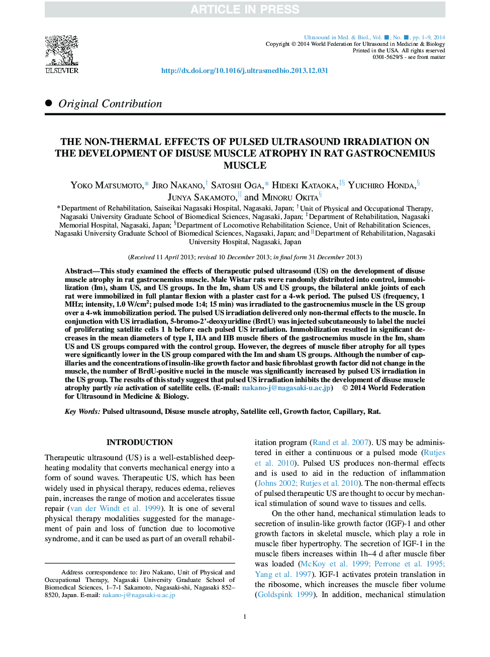 The Non-Thermal Effects of Pulsed Ultrasound Irradiation on the Development of Disuse Muscle Atrophy in Rat Gastrocnemius Muscle