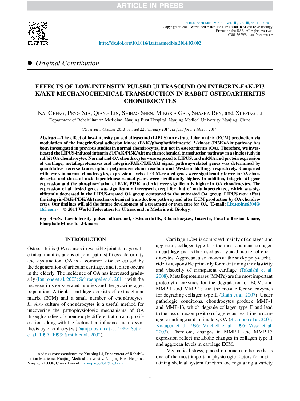 عکس صفحه اول مقاله: Effects of Low-Intensity Pulsed Ultrasound on Integrin-FAK-PI3K/Akt Mechanochemical Transduction in Rabbit Osteoarthritis Chondrocytes Effects of Low-Intensity Pulsed Ultrasound on Integrin-FAK-PI3K/Akt Mechanochemical Transduction in Rabbit Osteoarthritis Chondrocytes