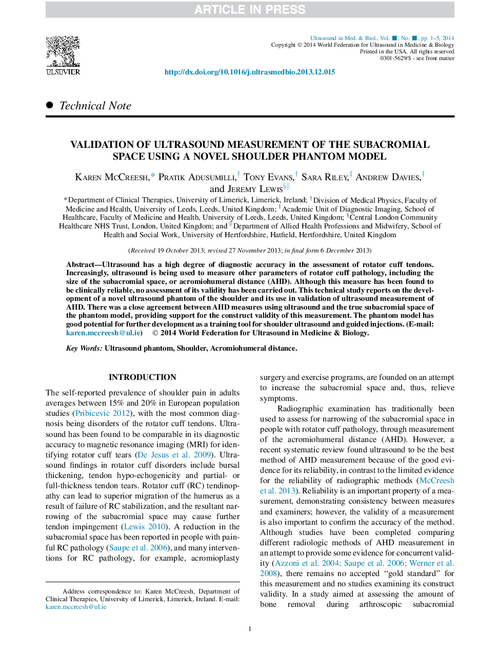 Validation of Ultrasound Measurement of the Subacromial Space Using a Novel Shoulder Phantom Model