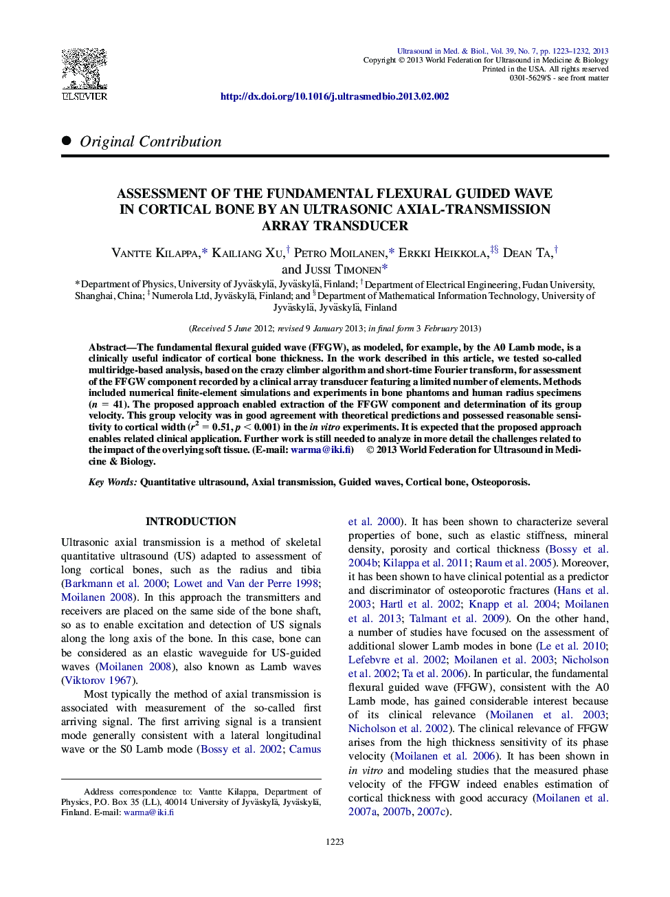 Assessment of the Fundamental Flexural Guided Wave in Cortical Bone by an Ultrasonic Axial-Transmission Array Transducer