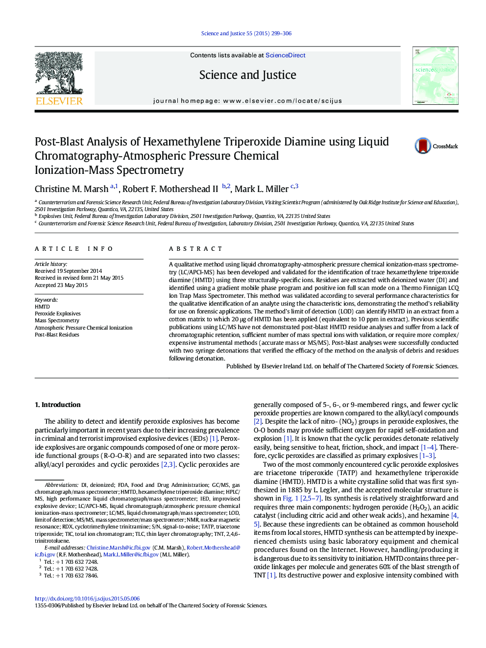 Post-Blast Analysis of Hexamethylene Triperoxide Diamine using Liquid Chromatography-Atmospheric Pressure Chemical Ionization-Mass Spectrometry