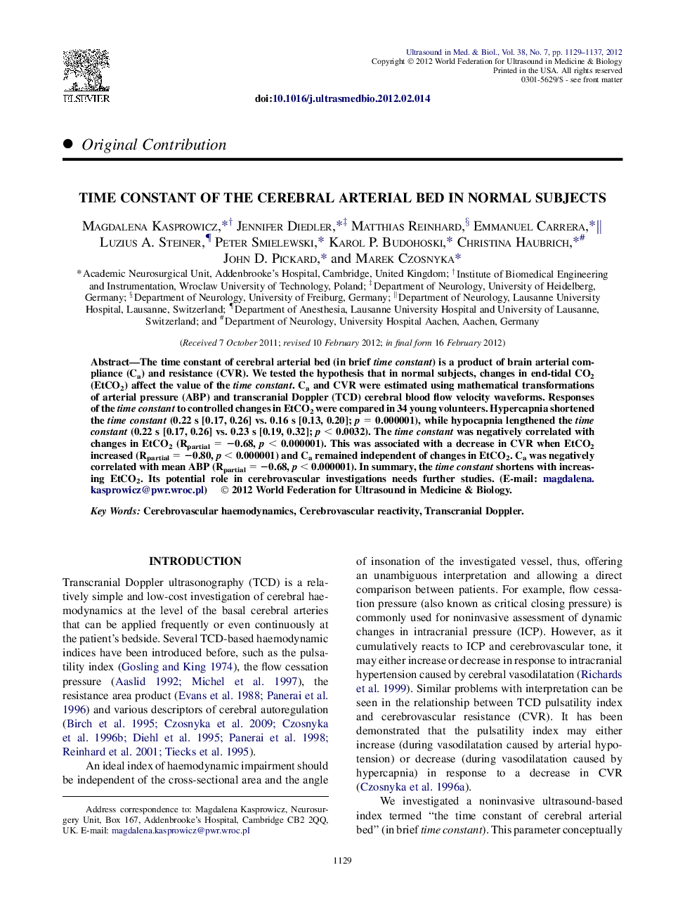 Time Constant of the Cerebral Arterial Bed in Normal Subjects